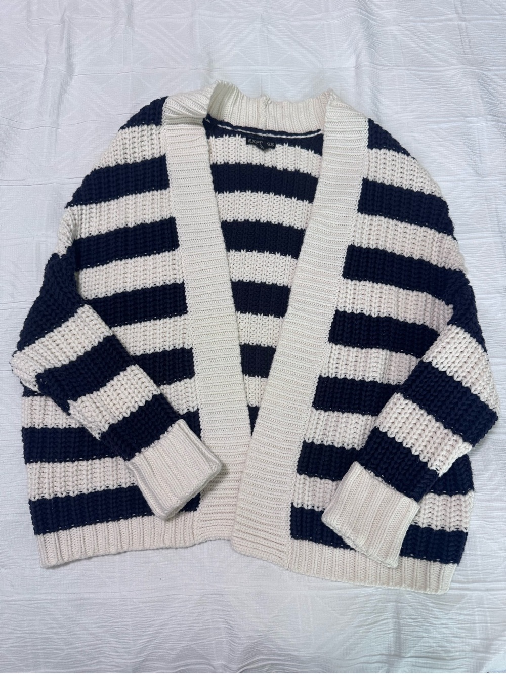 Express, Striped Navy and Cream Open-Front Knit Sweater